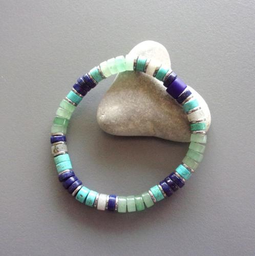 Indiaanse surferarmband in ringen van lapis en aventurijn, Handtassen en Accessoires, Armbanden, Nieuw, Elastiek, Blauw, Met bedels of kralen