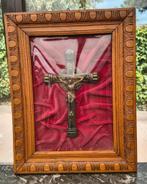 Koperen Bronzen Jezus Kruis In Kader Met Glas, Ophalen