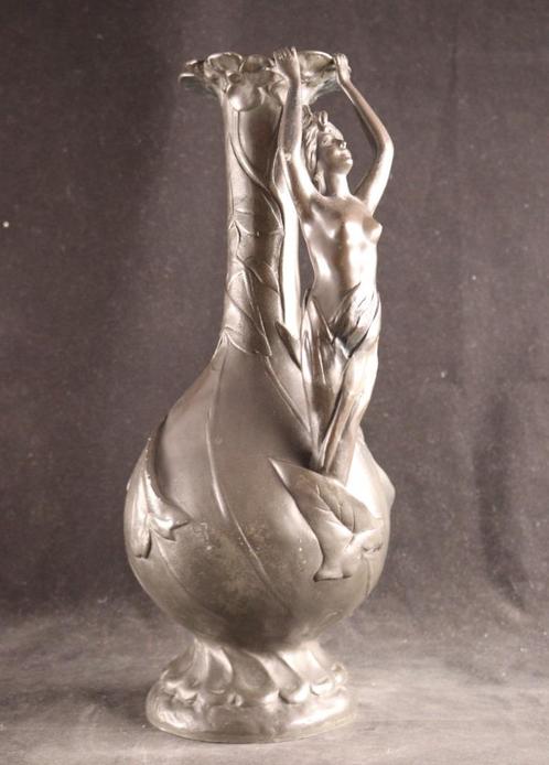 Tinnen Art Nouveau kan met naakt, Antiek en Kunst, Antiek | Tin, Ophalen of Verzenden