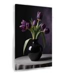 Zwarte vaas met paarse tulpen canvas 60x90cm - 18mm., Verzenden