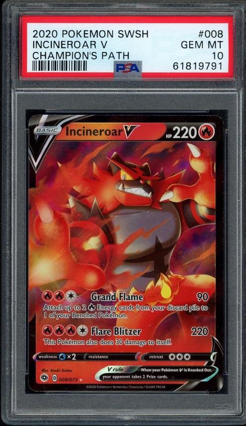 Incineroar V PSA 10 - 8/73 - Champions Path 2020, Hobby en Vrije tijd, Verzamelkaartspellen | Pokémon, Zo goed als nieuw, Losse kaart