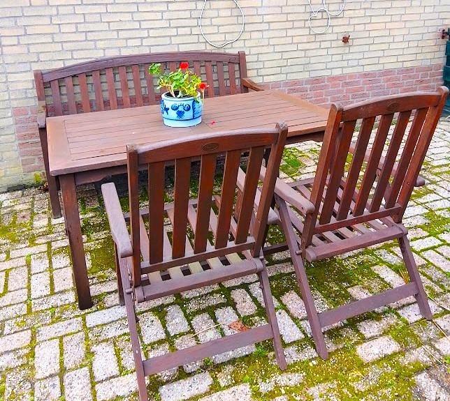 tuinset.  teak, Jardin & Terrasse, Ensembles de jardin, Utilisé, Salons de jardin, Bois de teck, 5 places, Banque, Table à dinner