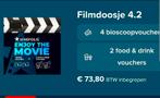 Kinepolis-tickets 4 stuks + 2x food- en drink, Tickets en Kaartjes