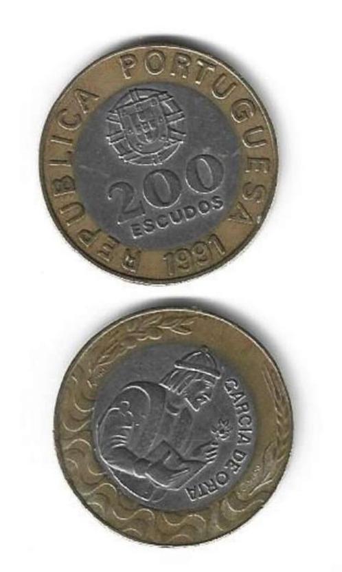 2 munten 200 Escudos - Portugal  Garcia De Orta 1991 Pr, Timbres & Monnaies, Monnaies | Europe | Monnaies non-euro, Monnaie en vrac