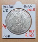 5 FR  1868  POSITIE B    LEOPOLD II    BELGIE    RAAR   € 50, Timbres & Monnaies, Monnaies | Belgique, Argent, Enlèvement ou Envoi