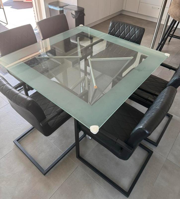 Glazen eettafel, Huis en Inrichting, Tafels | Eettafels, Gebruikt, 100 tot 150 cm, 100 tot 150 cm, Vijf personen of meer, Vierkant