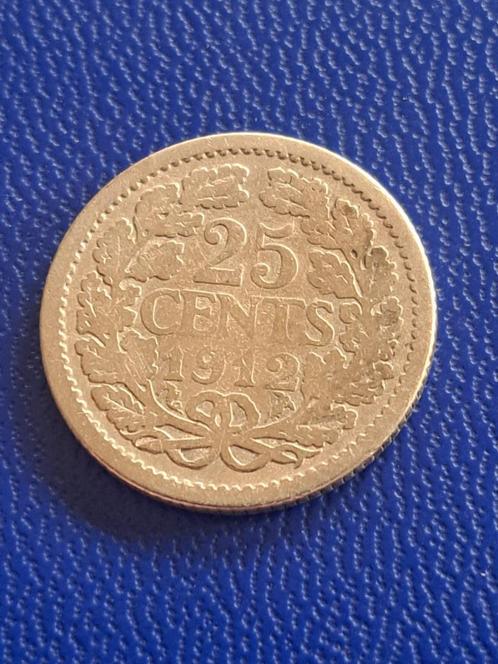 1912 Pays-Bas 25 centimes en argent Wilhelmina, Timbres & Monnaies, Monnaies | Pays-Bas, Monnaie en vrac, 25 centimes, Reine Wilhelmine