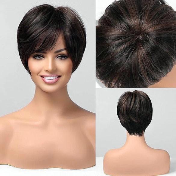 SALE Pixie pruik kort steil donkerbruin haar in laagjes, Handtassen en Accessoires, Uiterlijk | Haarverzorging, Nieuw, Verzenden