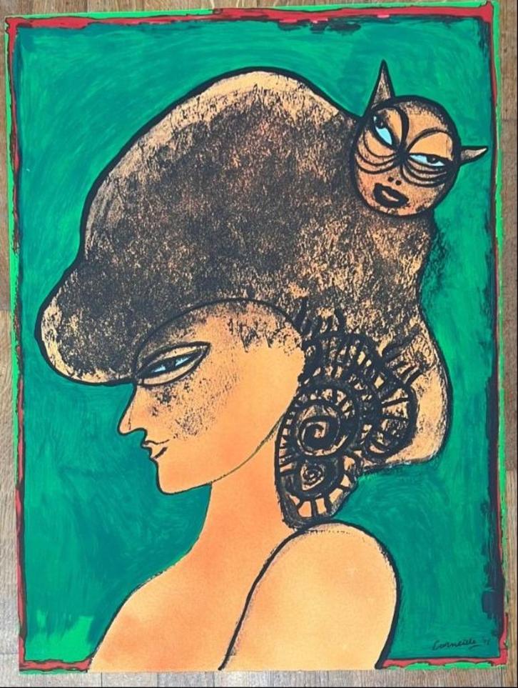 Corneille - Femme au chat au fond vert, Antiquités & Art, Art | Lithographies & Sérigraphies, Enlèvement ou Envoi