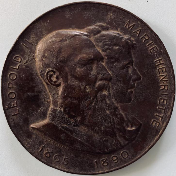 Herinneringsmedaille 25/60 jaar koningschap Leopold II/onafh, Verzamelen, Koningshuis en Royalty, Gebruikt, Overige typen, Ophalen