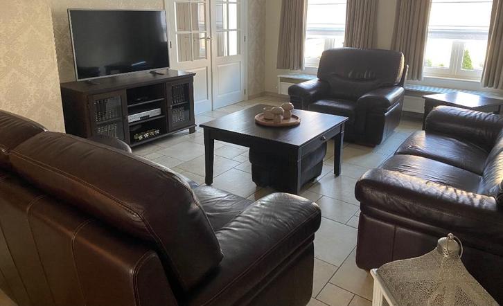 Lederen salon, salontafel, TV meubel en bijzettafel, Huis en Inrichting, Zetels | Complete zithoeken, Gebruikt, Hout, Leer, Ophalen