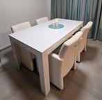 Eettafelset Hooglans wit tafel met 4 lederen eetafel stoelen, Huis en Inrichting, Tafels | Eettafels, Ophalen, Gebruikt, Glanzend wit
