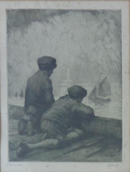 KURT PEISER / GAMIN DE PECHEURS / ZW-W ETS / 59x48cm / KADER, Antiek en Kunst, Kunst | Litho's en Zeefdrukken, Ophalen of Verzenden