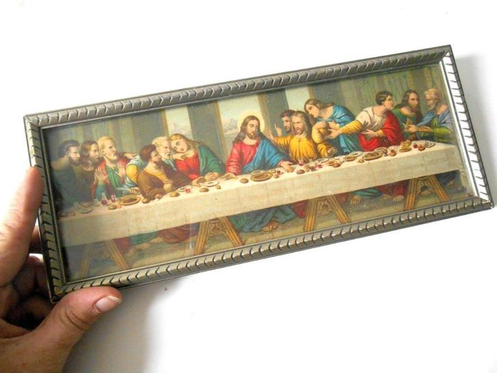 Antieke kader - Laatste Avondmaal achter glas, Antiek en Kunst, Antiek | Religieuze voorwerpen, Verzenden