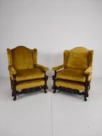 2x 19e-eeuwse notenhouten fauteuils met fluwelen bekleding, Ophalen of Verzenden