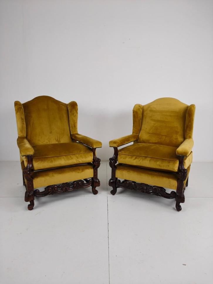 2x 19e-eeuwse notenhouten fauteuils met fluwelen bekleding, Antiek en Kunst, Antiek | Meubels | Stoelen en Sofa's, Ophalen of Verzenden