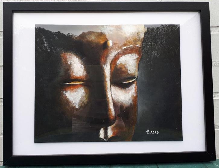Ingelijst zen acrylschilderij: Boeddha, Antiek en Kunst, Kunst | Schilderijen | Modern, Ophalen of Verzenden