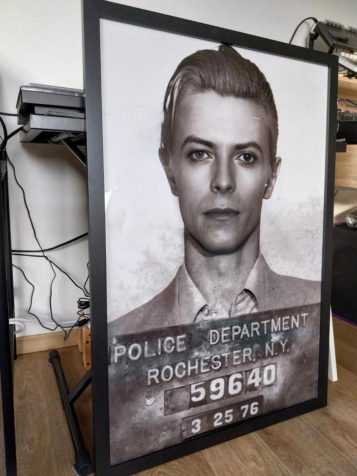 David Bowie mugshot ingekaderde fotoprint poster, Verzamelen, Posters, Ophalen of Verzenden