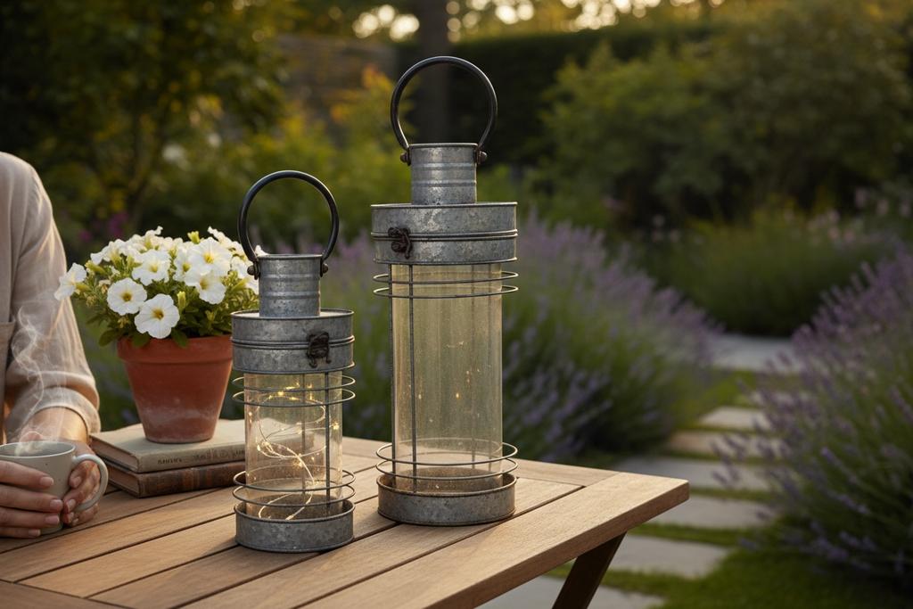 ensemble de 2 lampes à huile vintage en zinc/décoration, Jardin & Terrasse, Accessoires mobilier de jardin, Utilisé, Enlèvement