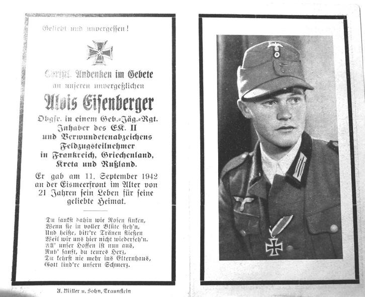 Duits bidprentje voor Alois Eisenberger, Verzamelen, Militaria | Algemeen, Ophalen of Verzenden