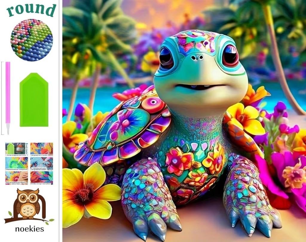 nr 552 Diamond Painting gekleurde schildpad 20x20cm (rond), Verzenden, Nieuw, Meerkleurig, Overige materialen