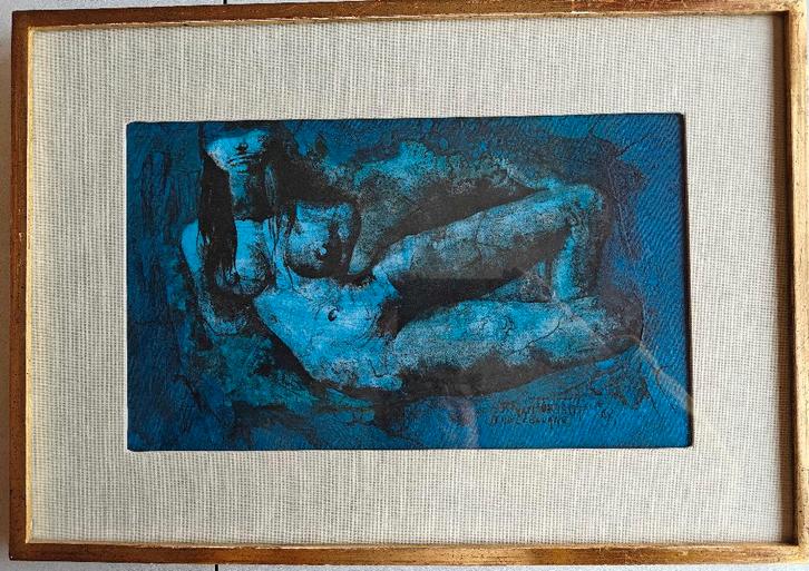 Jef van Tuerenhout, Vrouw in blauw, litho collage,1967, Antiek en Kunst, Kunst | Litho's en Zeefdrukken, Ophalen