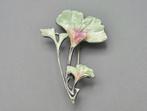 Zilveren Art Noveau broche/hanger emaille ginkoblad.2025/790, Verzenden, Nieuw, Bloem of Plant, Groen