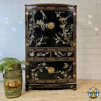 Vintage Chinese zwarte lakkast vogels en bloemen bohemian, Huis en Inrichting, Ophalen of Verzenden, Zo goed als nieuw