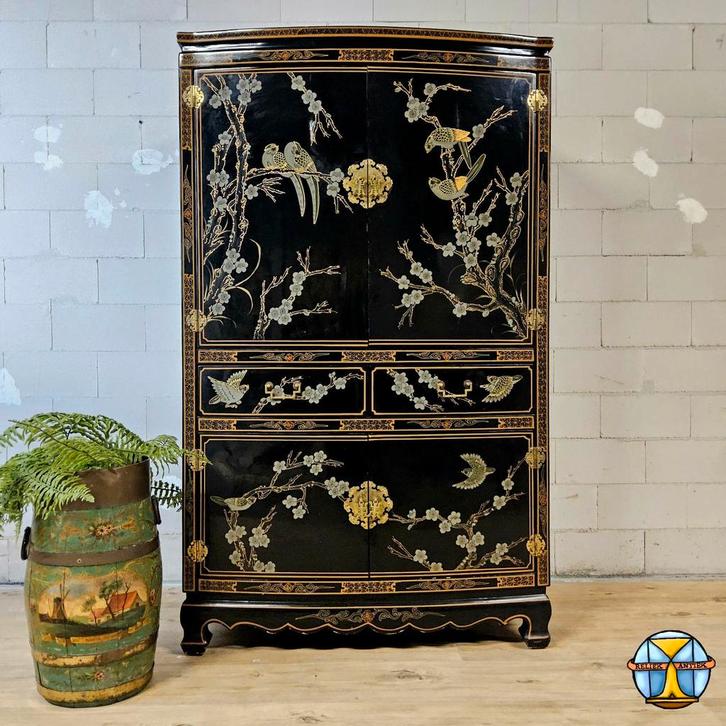 Vintage Chinese zwarte lakkast vogels en bloemen bohemian, Huis en Inrichting, Kasten | Overige, Zo goed als nieuw, Ophalen of Verzenden