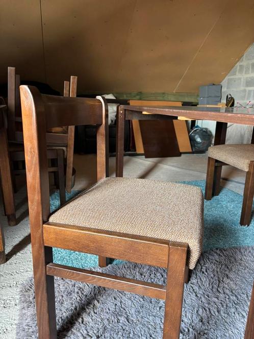 Brutalistisch eetkamerset: 6 stoelen en tafel, Huis en Inrichting, Stoelen, Gebruikt, Vijf, Zes of meer stoelen, Hout, Bruin, Ophalen