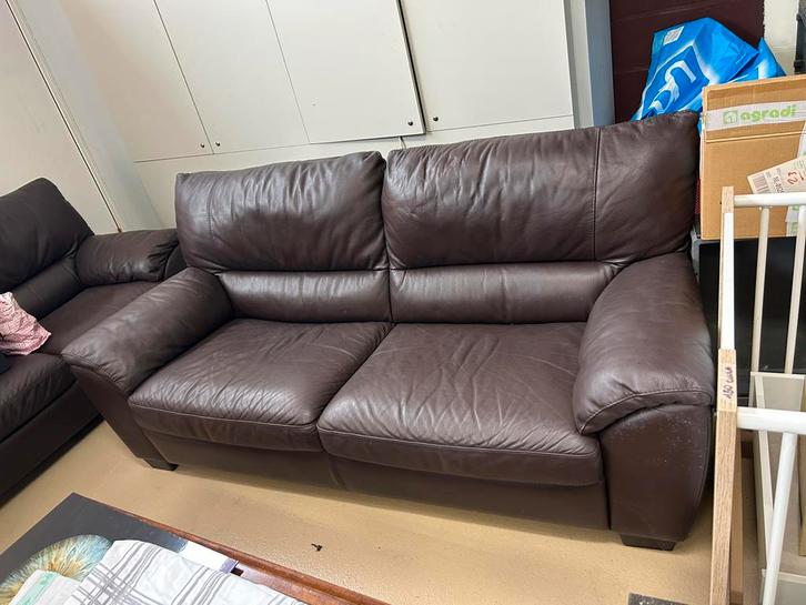 Bruine leren 2-zits zetel – 200 x 90 x 90 cm, Huis en Inrichting, Zetels | Zetels, Gebruikt, Rechte bank, Tweepersoons, 150 tot 200 cm