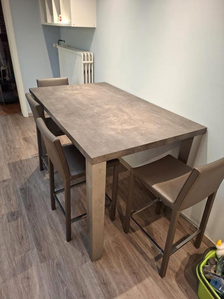 Hoge eettafel + 4 barkrukstoelen – grijs, modern design, Maison & Meubles, Tables | Tables à manger, Comme neuf, 50 à 100 cm, 150 à 200 cm
