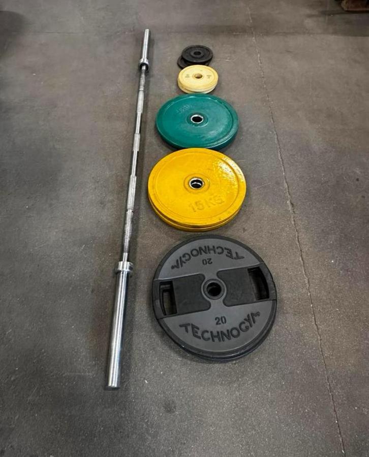 105kg Olympische Gewichten + Olympische Barbell, Sport en Fitness, Fitnessmaterialen, Gebruikt, Halterschijven, Ophalen