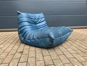 100% originele vintage blauwe lederen Togo Ligne Roset 1zit beschikbaar voor biedingen