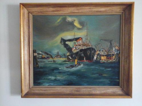 MOOI OUD MARITIEM OLIE VERF SCHILDERIJ OP DOEK " HAVENZICHT", Antiek en Kunst, Kunst | Schilderijen | Klassiek, Ophalen