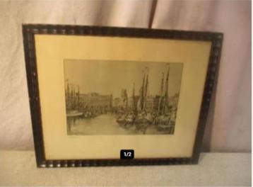 Belle gravure ancienne 'Old Harbour Rotterdam' - 32x26