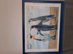 aquarel van 3 pinguïns in een blauwe kader, Antiek en Kunst, Ophalen