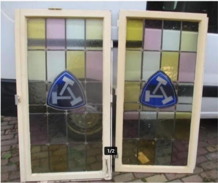 2 Grote Oude Ramen met Glas in Lood - 147x77, Antiek en Kunst, Antiek | Glaswerk en Kristal, Ophalen