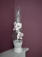Grote glazen vaas en 2 kunstmatige orchideeëntakken, Huis en Inrichting, Woonaccessoires | Vazen, Ophalen, 50 tot 75 cm, Wit, Glas