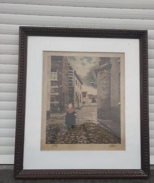 lithographie femme dans une ruelle signe w harou, Antiek en Kunst, Kunst | Litho's en Zeefdrukken, Ophalen of Verzenden