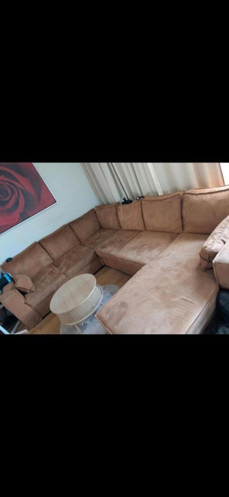 Sofa u-vorm suede look cognac, Huis en Inrichting, Zetels | Complete zithoeken, Zo goed als nieuw, Stof, Ophalen