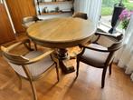 Massief eiken eethoek ronde tafel 120 cm met 4 armstoelen, Ophalen, Zo goed als nieuw, Klassiek, 4 tot 6 stoelen
