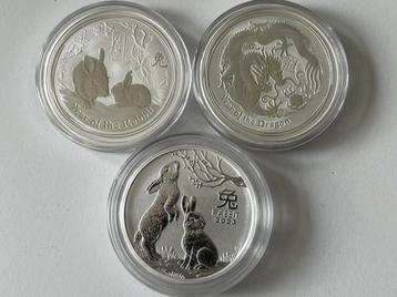 3 zilveren munten van 2oz Lunar Serie II zn III, Enlèvement, Monnaie en vrac, Argent