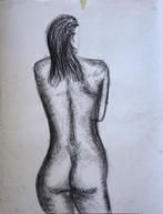Anonymus houtskooltekening "Staand Naakt van de Rug gezien", Ophalen, Gebruikt, 50 tot 75 cm, Tekening