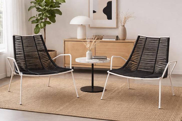 Vintage Italiaanse spaghetti loungesstoelen, Maison & Meubles, Chaises, Utilisé, Deux, Synthétique, Métal, Blanc, Enlèvement