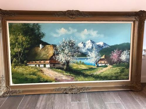 Mooie grote landschap schilderij op doek ingekaderd, Antiek en Kunst, Kunst | Schilderijen | Klassiek, Ophalen of Verzenden