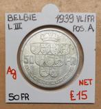 50 FR  1939 VL/FR   LEOPOLD III    BELGIE   € 15, Postzegels en Munten, Zilver, Ophalen of Verzenden, Losse munt, Zilver