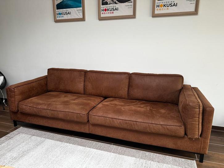 Vierzit Zetel Cognac Microvezel (4-zit) Industriele look, Huis en Inrichting, Zetels | Zetels, Zo goed als nieuw, Rechte bank