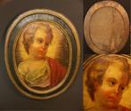 18ème médaillon Enfant Jésus auréolé peinture sur bois 58cm, Envoi