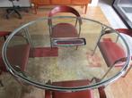 prachtige vintage tafel met chrome frame en glazen blad, Glas, 100 tot 150 cm, 150 tot 200 cm, Gebruikt